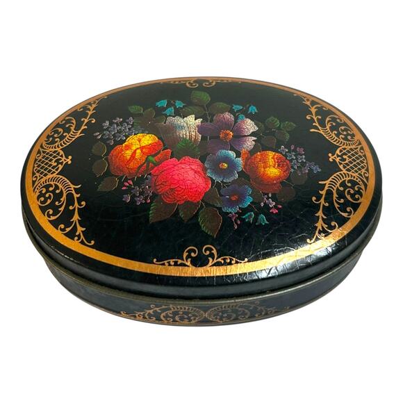 Vintage Black and Gold Floral Made in England Metal Tin Vanity Decor Storage - Picture 1 of 8